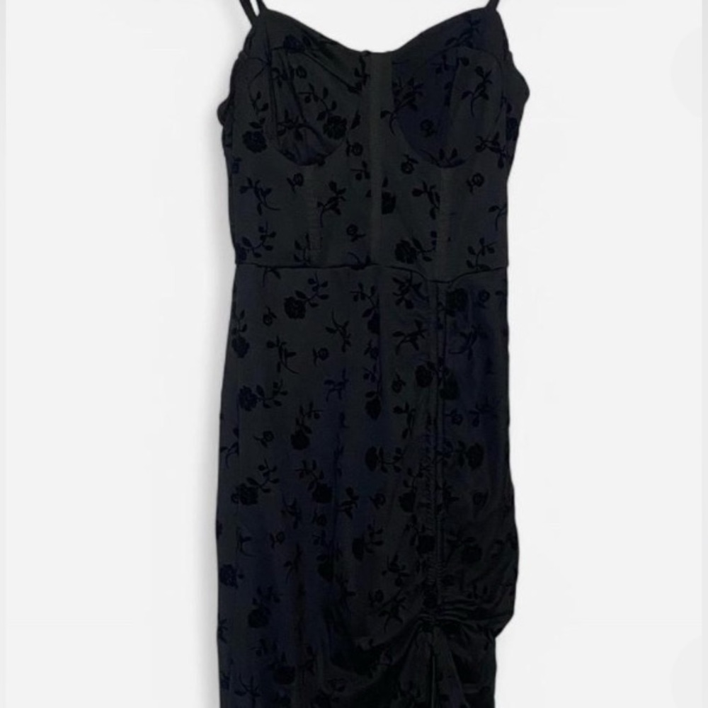 SHEIN black floral midi dress w/ sweetheart neckline & ruched detailing